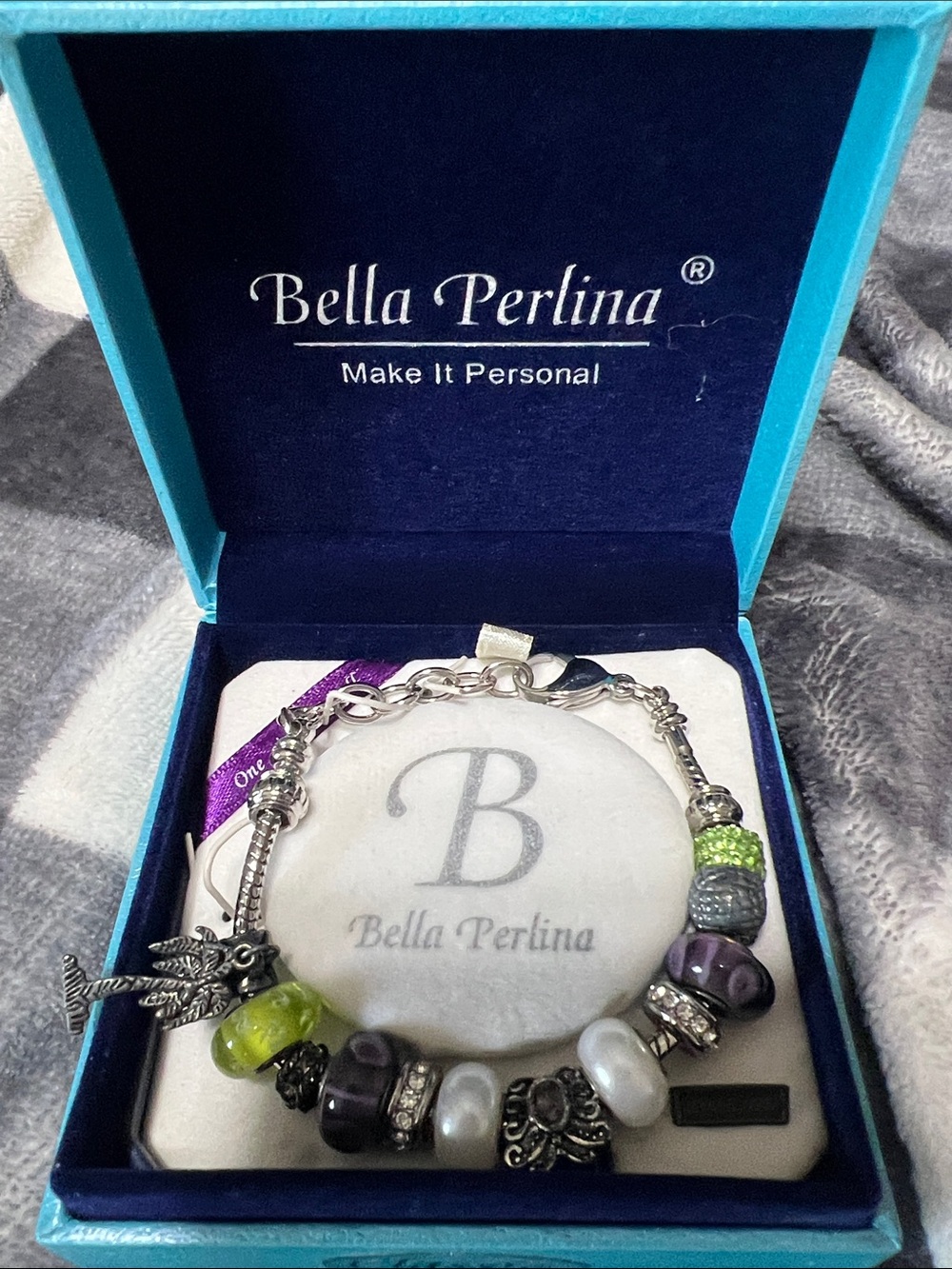 bella Perlina Purple and Lime Glass Bead Charm Bracelet